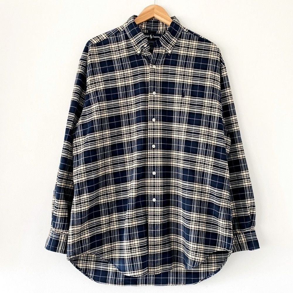 Ralph Lauren Blue & White Plaid Casual Button Down Shirt Sz Large Preppy